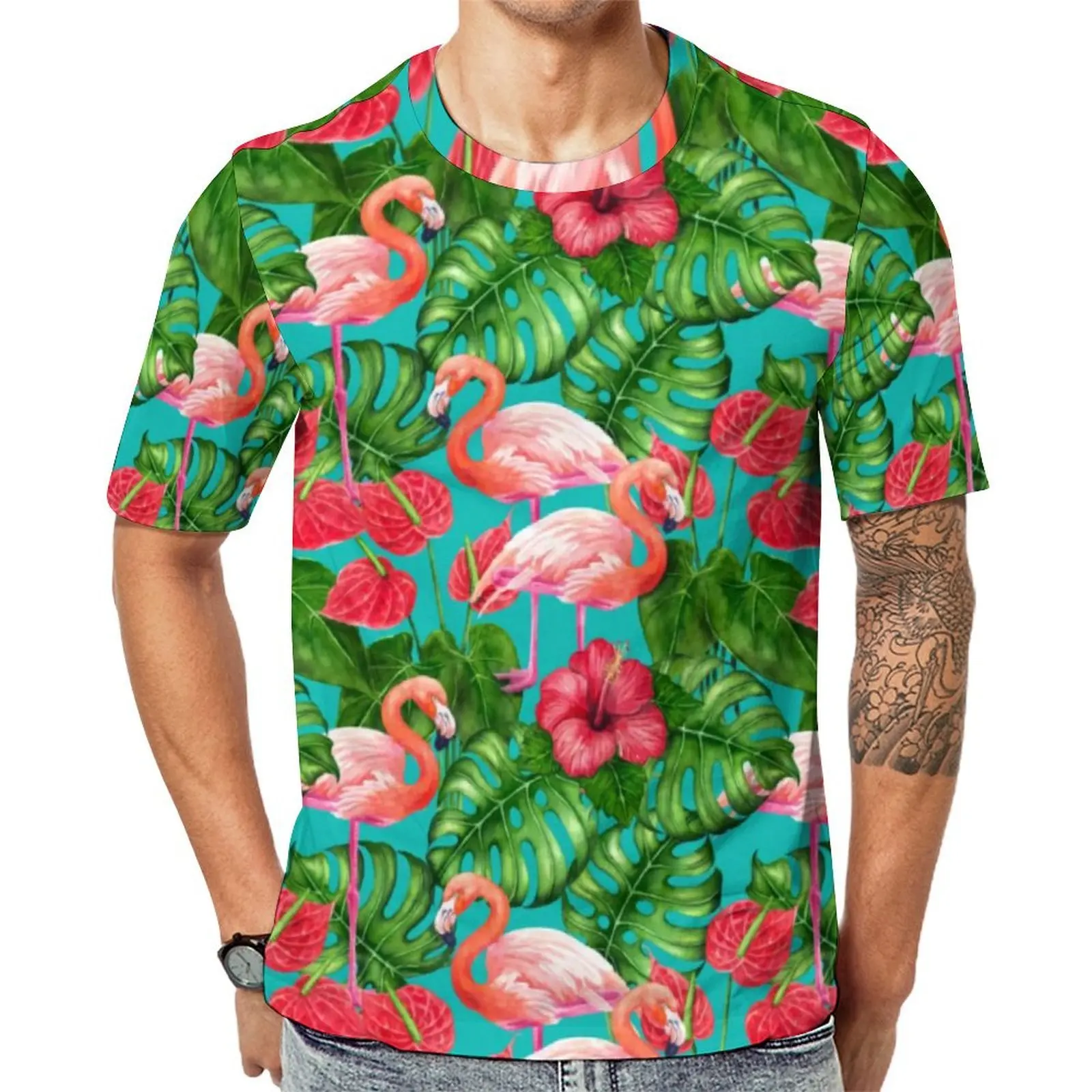 Plus Size T Shirt Summer Flamingo Birds T Shirts Tropical Garden Streetwear O Neck Tee Shirt Male Popular Graphic Tees