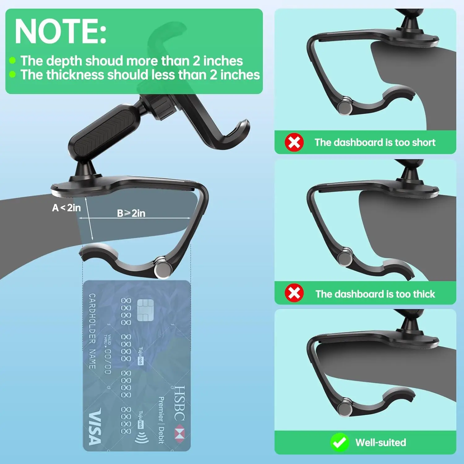 360 Degree Rotation Dashboard Cell Phone Holder for Car Clip Mount Stand Suitable for 4 to 7 inch Smartphones (Black)
