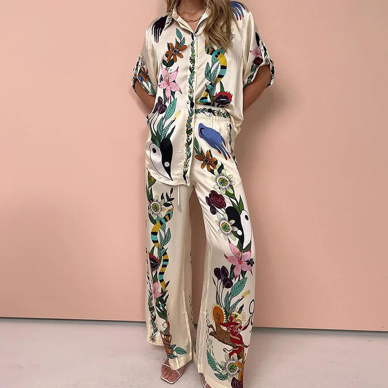 Women's Elegant Long Sleeve Loose 2 Piece Set New Autumn Pattern Printed Shirt Suit Casual Elastic Waist Straight Pants Outfit