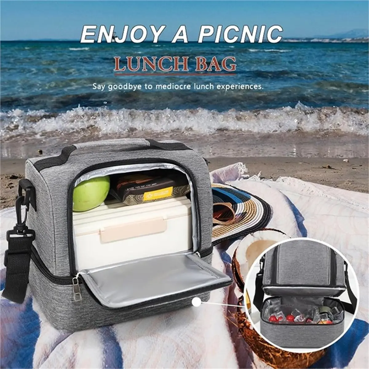 2026 Trend Insulated Lunch Bag for Men & Women, Double-Layer Leakproof Cooler with Adjustable Strap for , Picnic, Beach