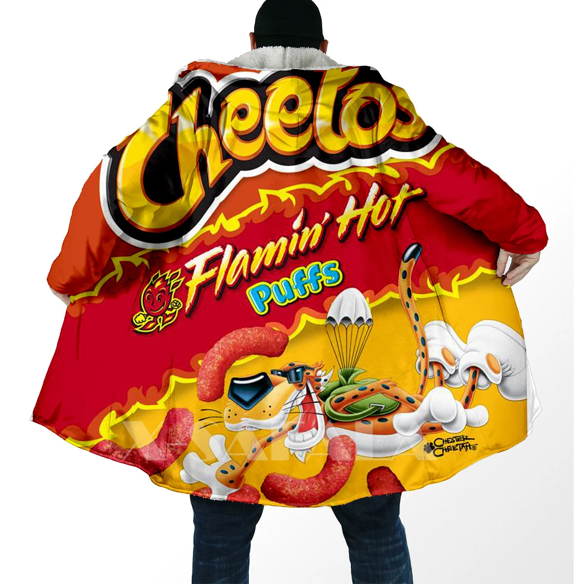 Funny Food Snack Cheetos All Over 3D Printed Thick Warm Overcoat Coat Hooded Cloak for Men Windproof Fleece Unisex Casual-3