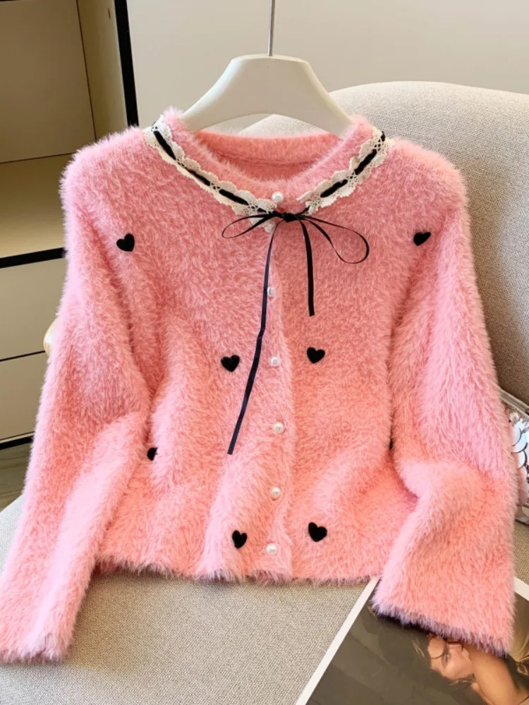 

Women's autumn and winter new French style cardigan lazy style soft elegant sweet heart love bow imitation mink sweater