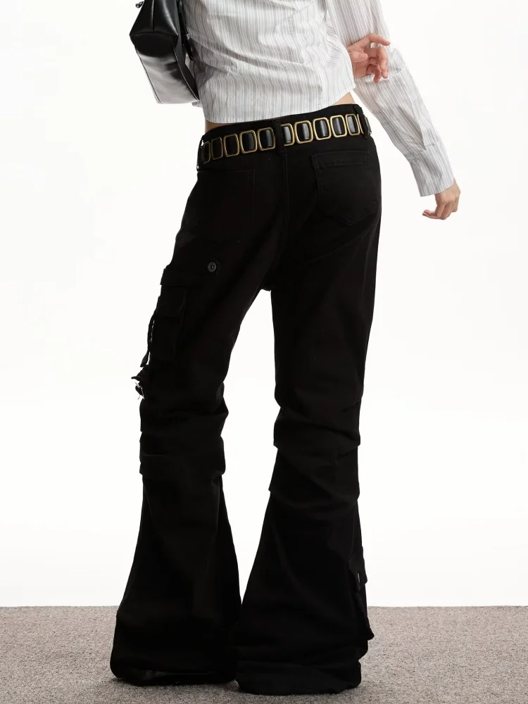 2025 Vibe Y2K Style Black Strap Zipper Design Slim Stacked Flare Jeans Pants For Women Clothing Lady Long Trousers Ropa Mujer