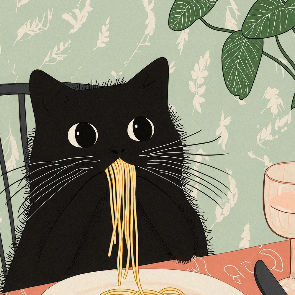 Black Cat Eating Noodles Wall Art Print Funny Cat Poster Vintage Kitchen Dining Room Decor Cute Cat Lover Gift Canvas Painting