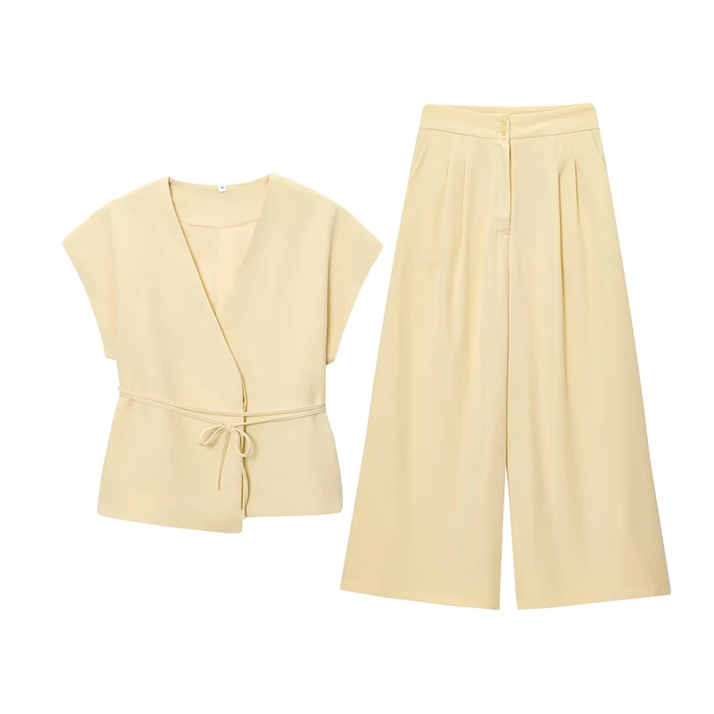 

Women's Summer 2025 Faion Set Vest Outerwear High Waist Wide Leg Pants Two-Piece Polyester Fiber ort Sve V-Ne