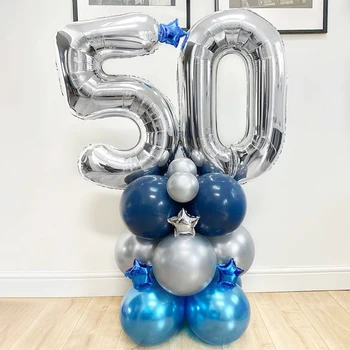Ballons en aluminium avec chiffres et étoiles argentées et bleues, 21 pièces, décorations de fête d'anniversaire pour adultes et enfants de 10 11 14 15 25 30 35 40 50 60 ans