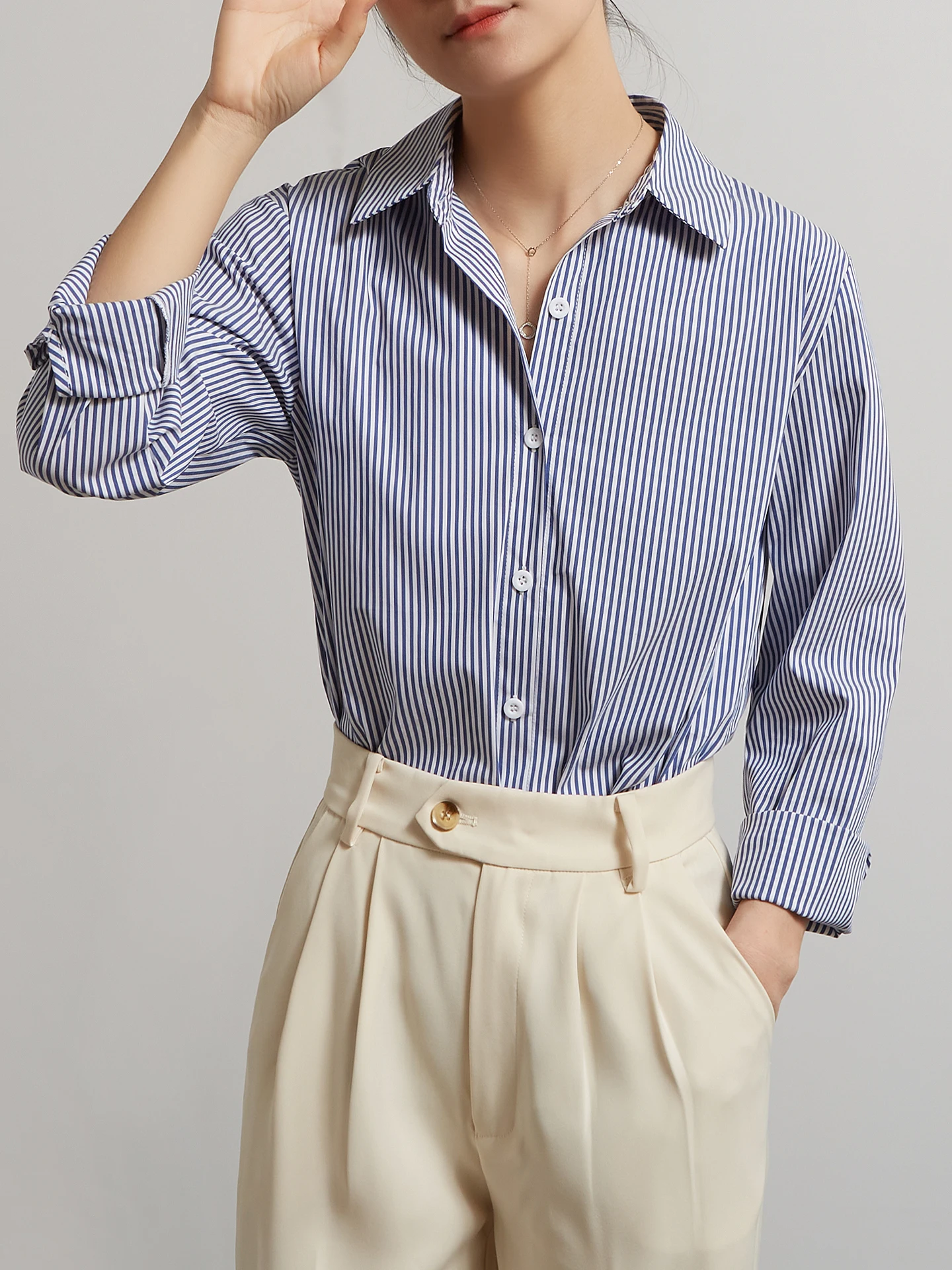 

CHICBLISS Women's Striped Shirt Commute Style Long Sleeve Collar Breathable Cotton Blend Fashionable Layering Top