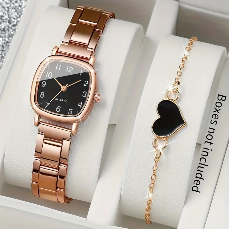 2pcs Rose Black Square Quartz Watches Alloy Case and Heart Shape Bracelet, Valentine\'s Day Gifts for Her