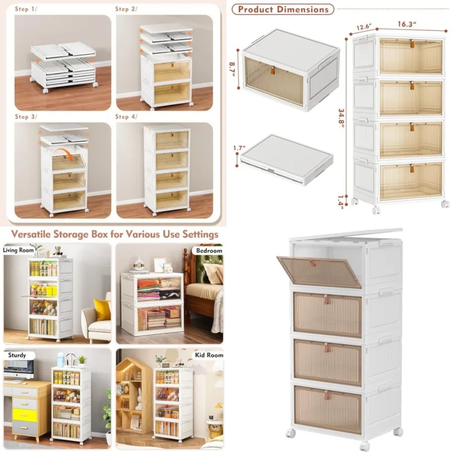 

4 Tier Plastic Storage Bins with Lid - 28Qt Stackable with Lids for Bedroom, Living Room, Office - Foldable Containers, Househo