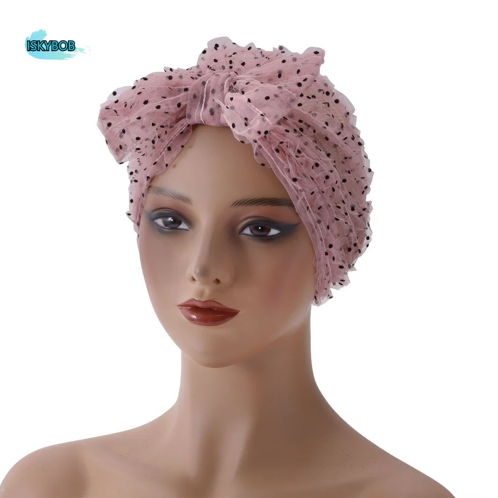 

Elegant Breathable Fabric Polka Dot Mesh Bonnet Folded Design Wrinkle Lace Women Headscarf Hat Turban Chic Beanie Cap Daily Use