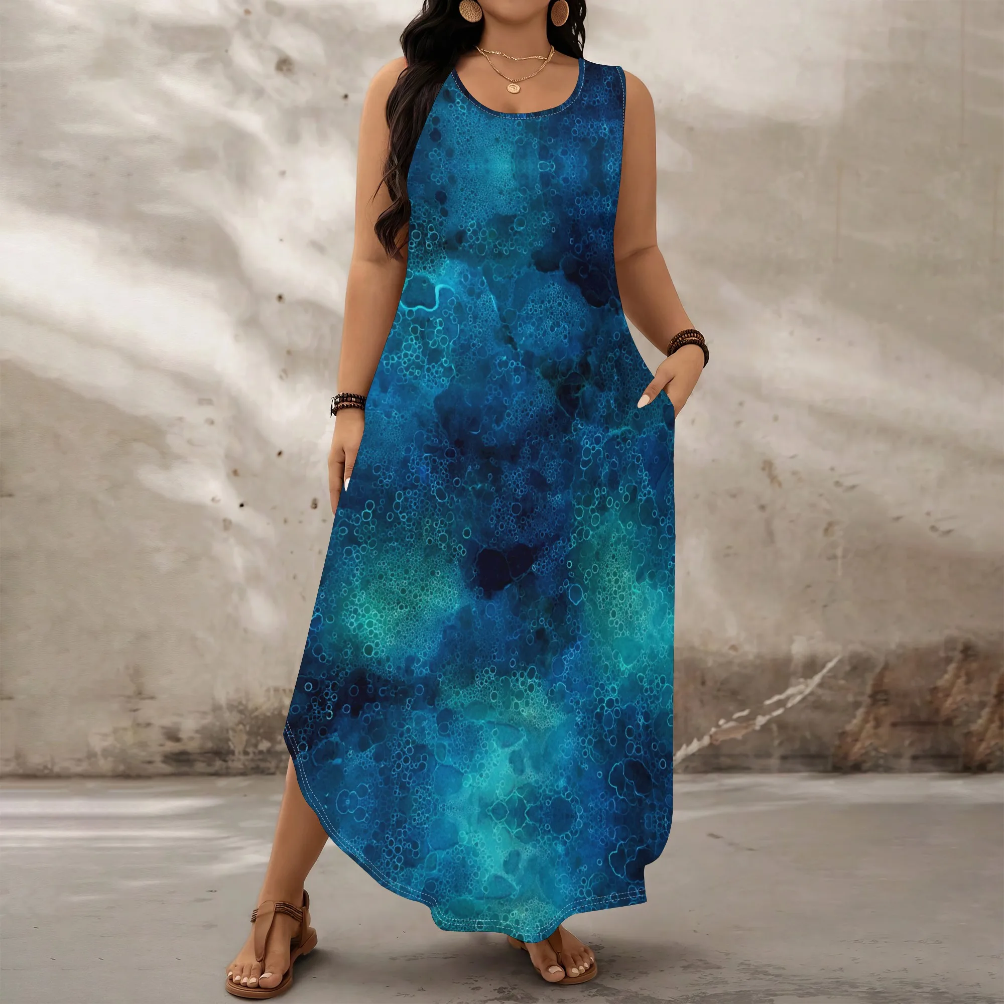

Plus Size Women's Summer Maxi Dress Casual Sleeveless Loose Holiday Dress with Pockets Ocean Print XL-6XL