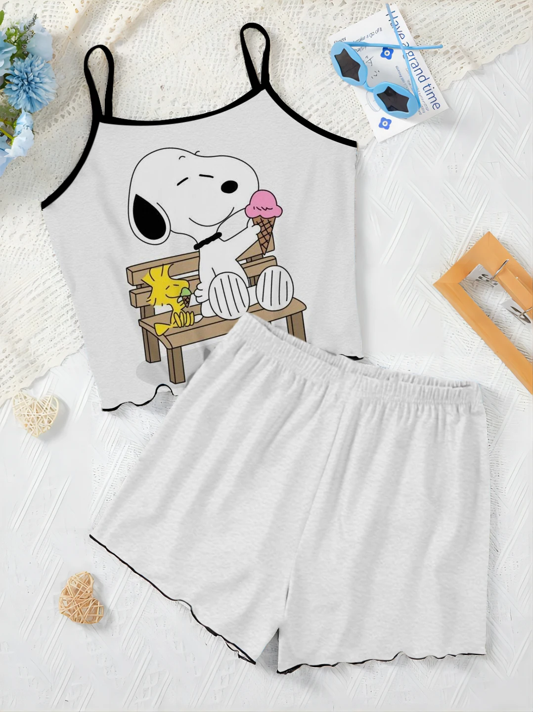 Pyjama Rok Korte Set Voor Dames 2 Stuks Top T-Shirt Sla Trim Snoopy Damespak Huisjurk Elegante Zomerkleding 2024