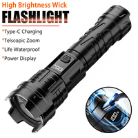 Super Bright Long Range LED Flashlight Tactical Light LCD Power Display USB Rechargeable Light Telescopic Zoom Camping Torch