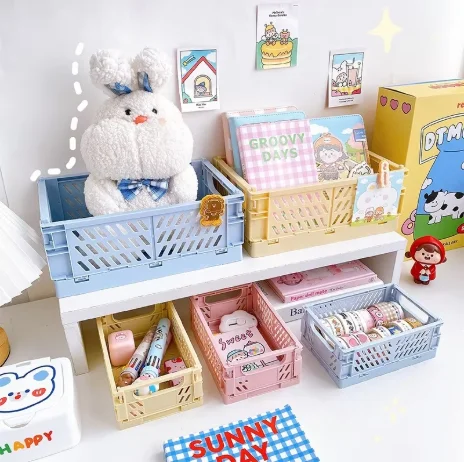 6 Colors Foldable Plastic Storage Baskets for Student Desk Stationery Tape Organizer Desktop Storage Box