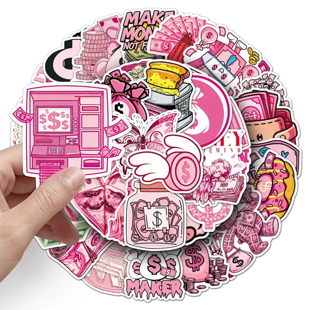 

10/30/50pcs Cartoon Pink Dollar Money Series Stickers Aesthetic Graffiti Sticker DIY Water Bottle Luggage Phone Creative Decals