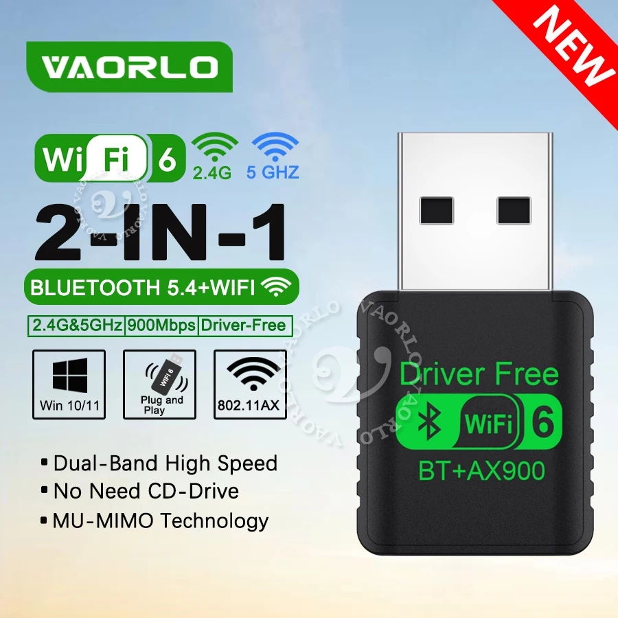 

Новый WiFi 6 900 Мбит/с Bluetooth 5.4+WiFi USB-адаптер Беспроводная сетевая карта 2.4G и 5GHz двухдиапазонный Wi-Fi-приемник MU-MIMO Подключение нескольких устройств для ПК/ноутбука Win10/11 Драйвер бесплатный