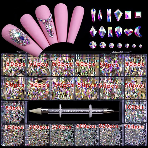 Imagen 2 del producto Caja de diamantes de imitación de 21 rejillas, juego de joyas para uñas con diamantes de imitación en forma de vidrio plano con diamantes mezclados para uñas DIY