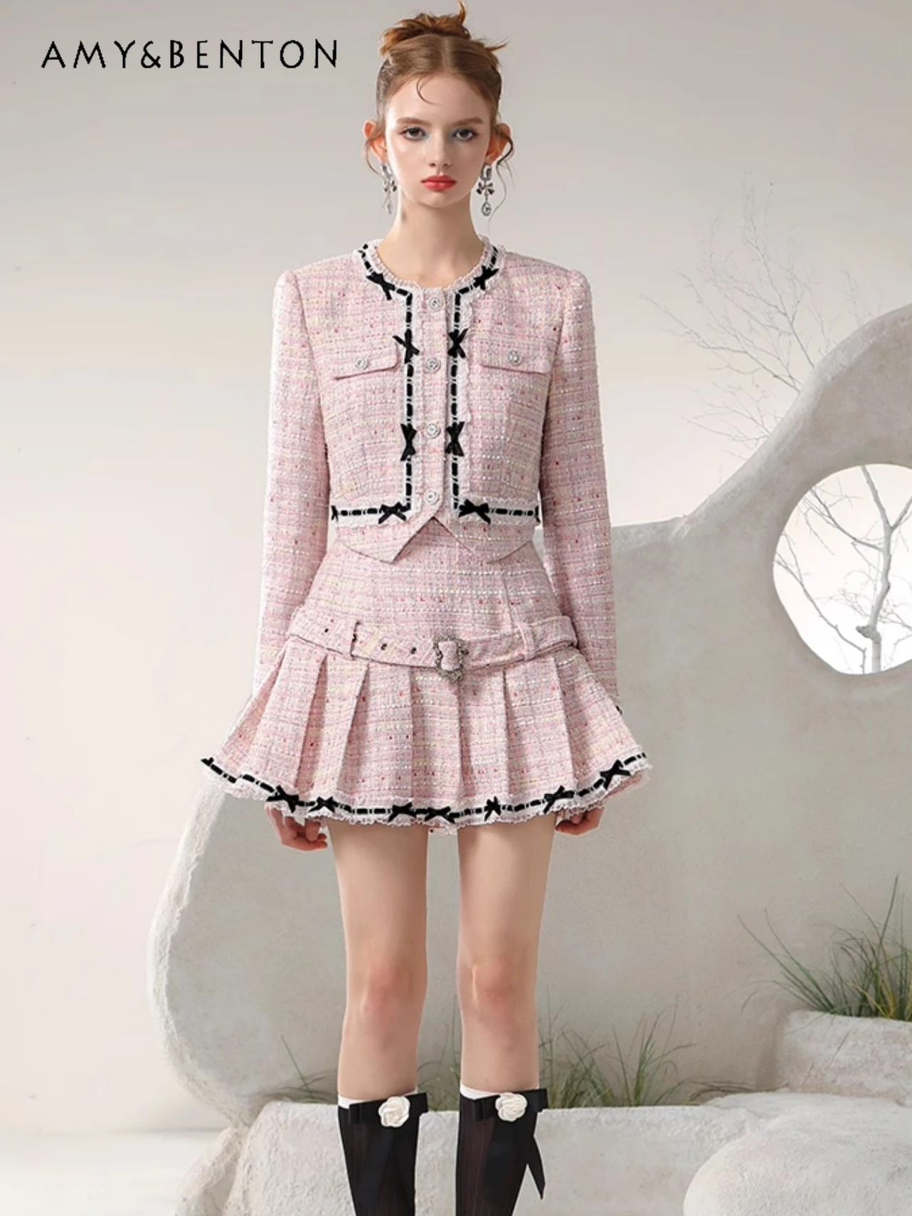 Preppy Style Pink Tweed Skirt Sets Elegant Graceful Bow Single-Breasted Coat High Waist Slim Pleated Skirt Two-Piece Sets Womens