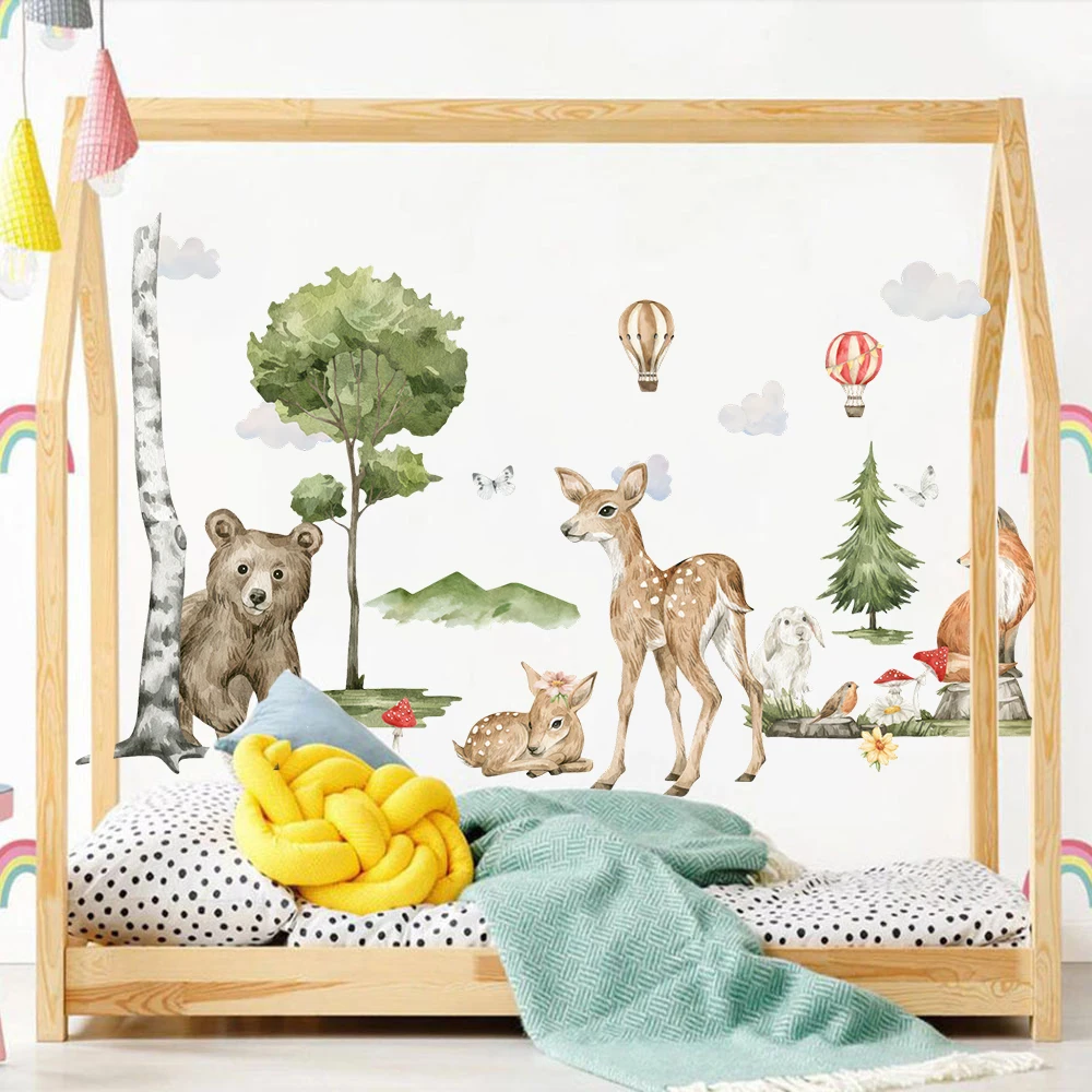 Large Watercolor Animal Forest Wall Sticker Deer Beer Fox Tree Air Balloon Wall Decal Bedroom Living Room Home Decor