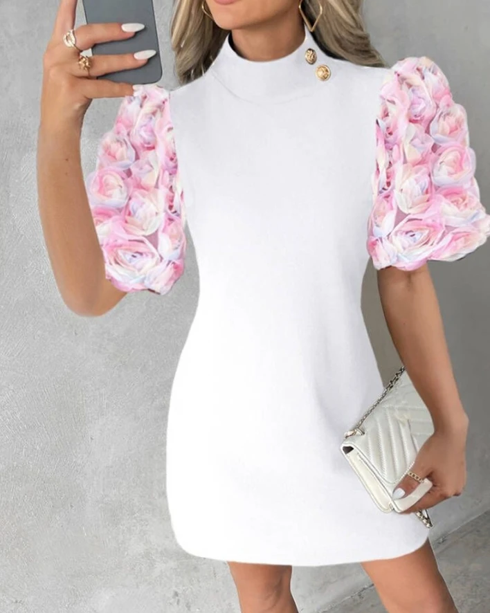 

Women's Colorblock Floral Pattern Puff Sleeve Casual Dress Spring New A Line Mock Neck Short Sleeve Elegant Dress Famale Dress