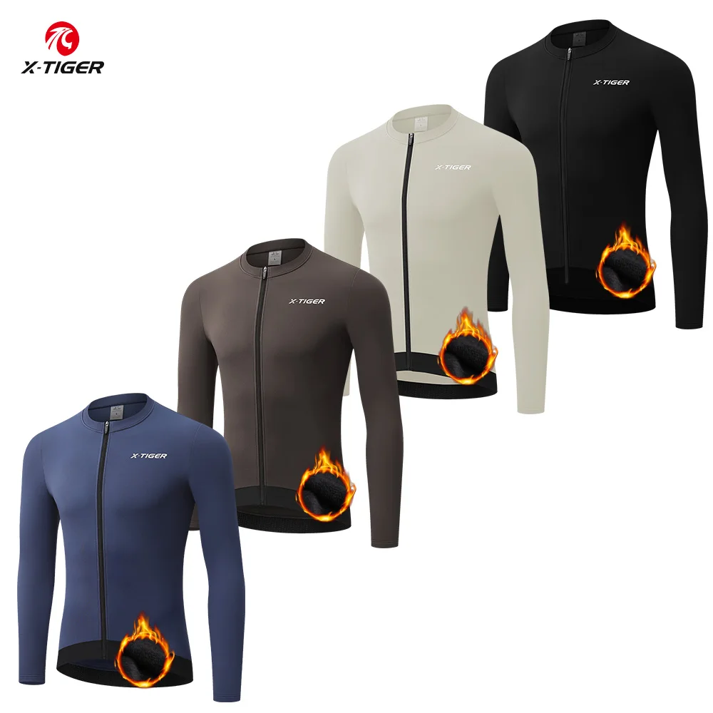 X-TIGER Cycling Jersey Winter Thermal Fleece Cycling Jersey Men Long Sleeve Hot Warm Breathable Bicycle Clothing MTB Jersey