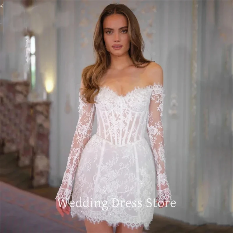 

OLOEY Customized Ivory Exquisite Lace Aplliques Wedding Dress Lace-Up Long Sleeve Mini Sheath After Party