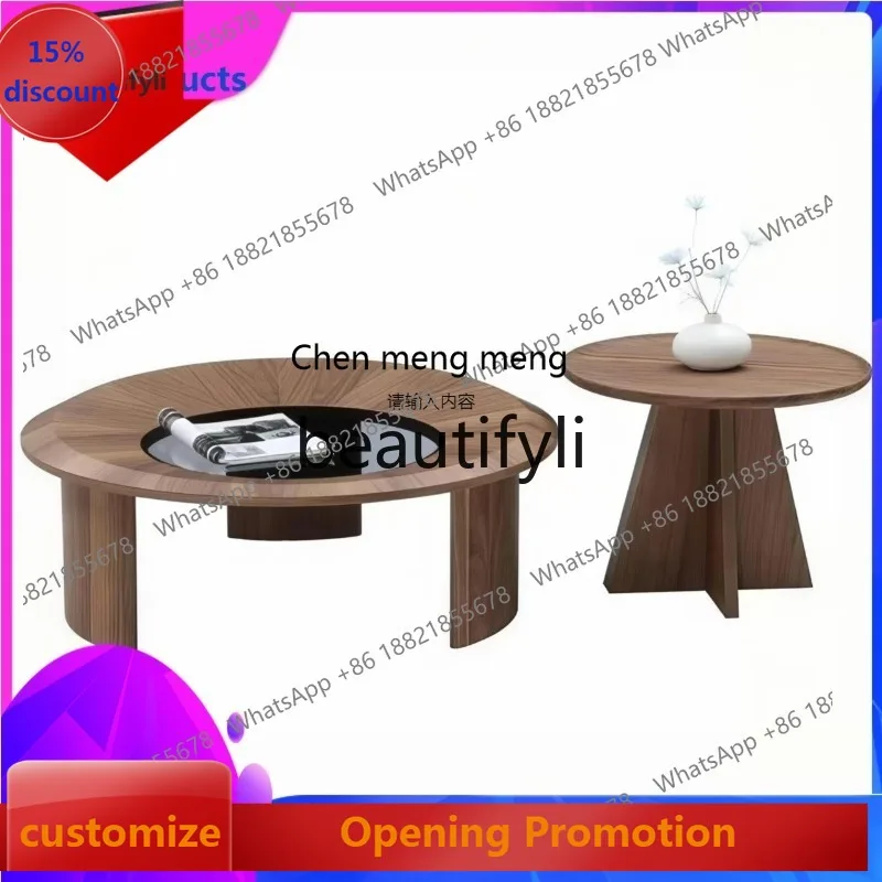 

cn8617 ss Modern Nordic Walnut Coffee Table Set Large and Small Round Living Room Home Use Solid Wood Round Coffee Table