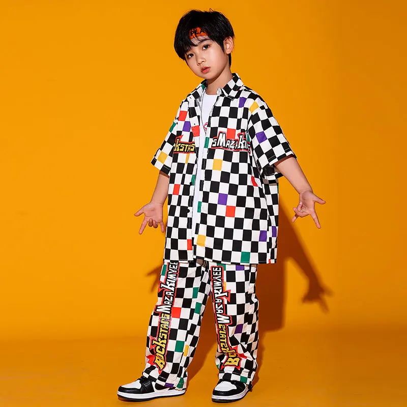 

Street Sweat Cargo Pants for Girls Boys Jazz Dance Costume Clothes Kids Hip Hop Clothing Teenage Show Checkered T Shirt Casual