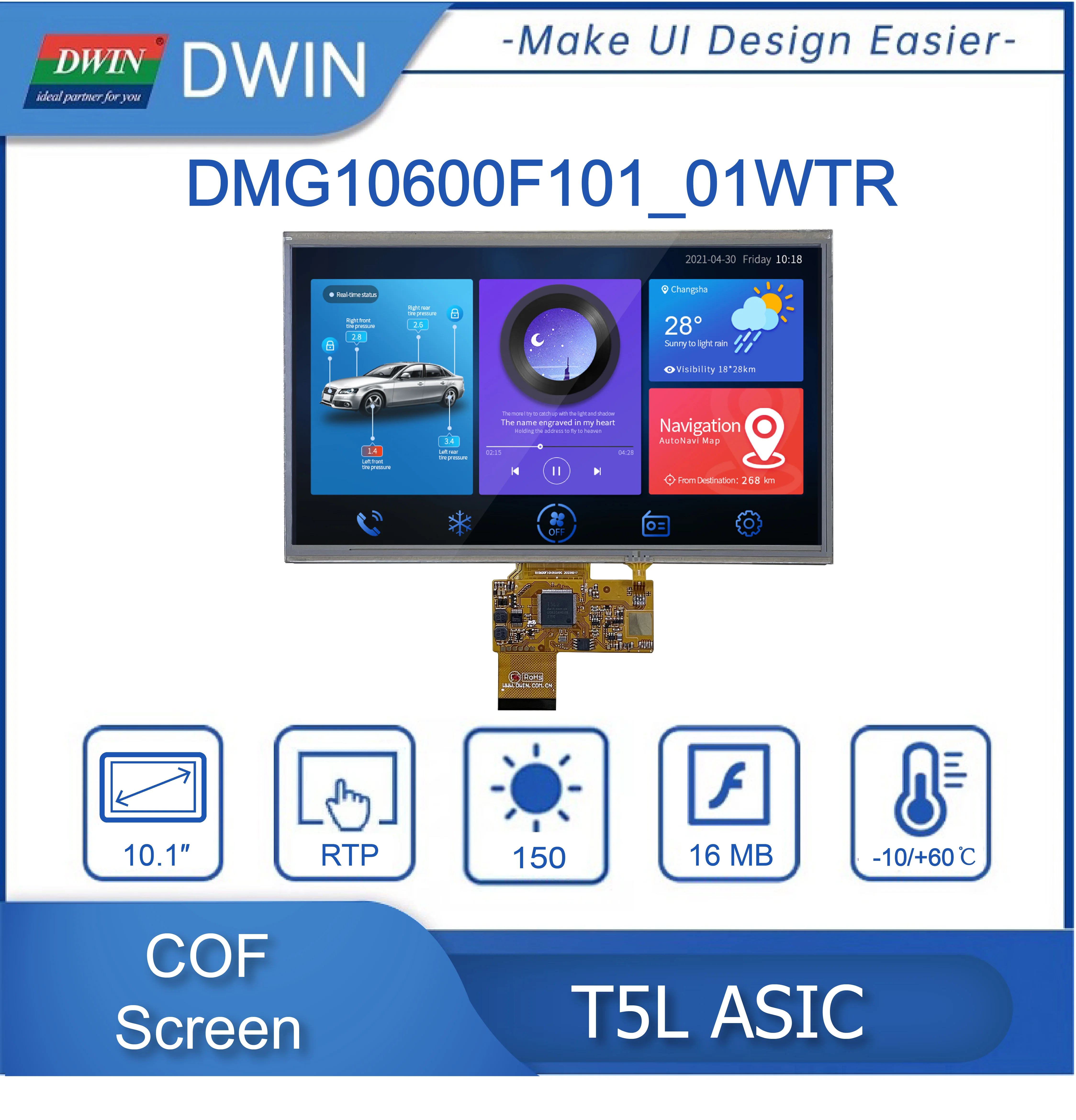 DWIN – Structure COF 10.1 pouces, résolution 1024*600 Pixels, 16.7M couleurs, IPS-TFT-LCD