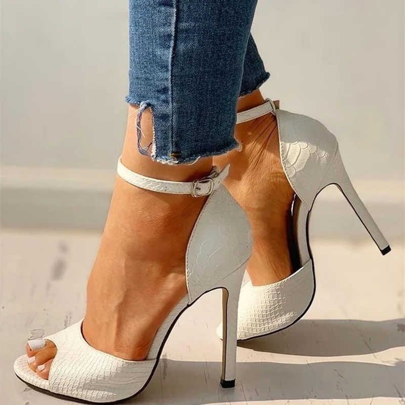 Fashion Sexy Dress Wedding Shoes Women Ankle Strap Peep Toe High Heel Sandals Super High Heels Buckle Snake Pattern Woman Pumps view 3