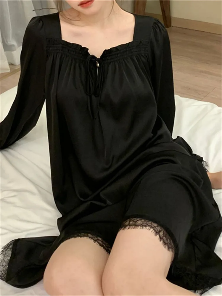 French Court Style Ice Silk Pajamas Sweet Long Sleeve Nightdress Ladies Princess Nightgowns Homewear