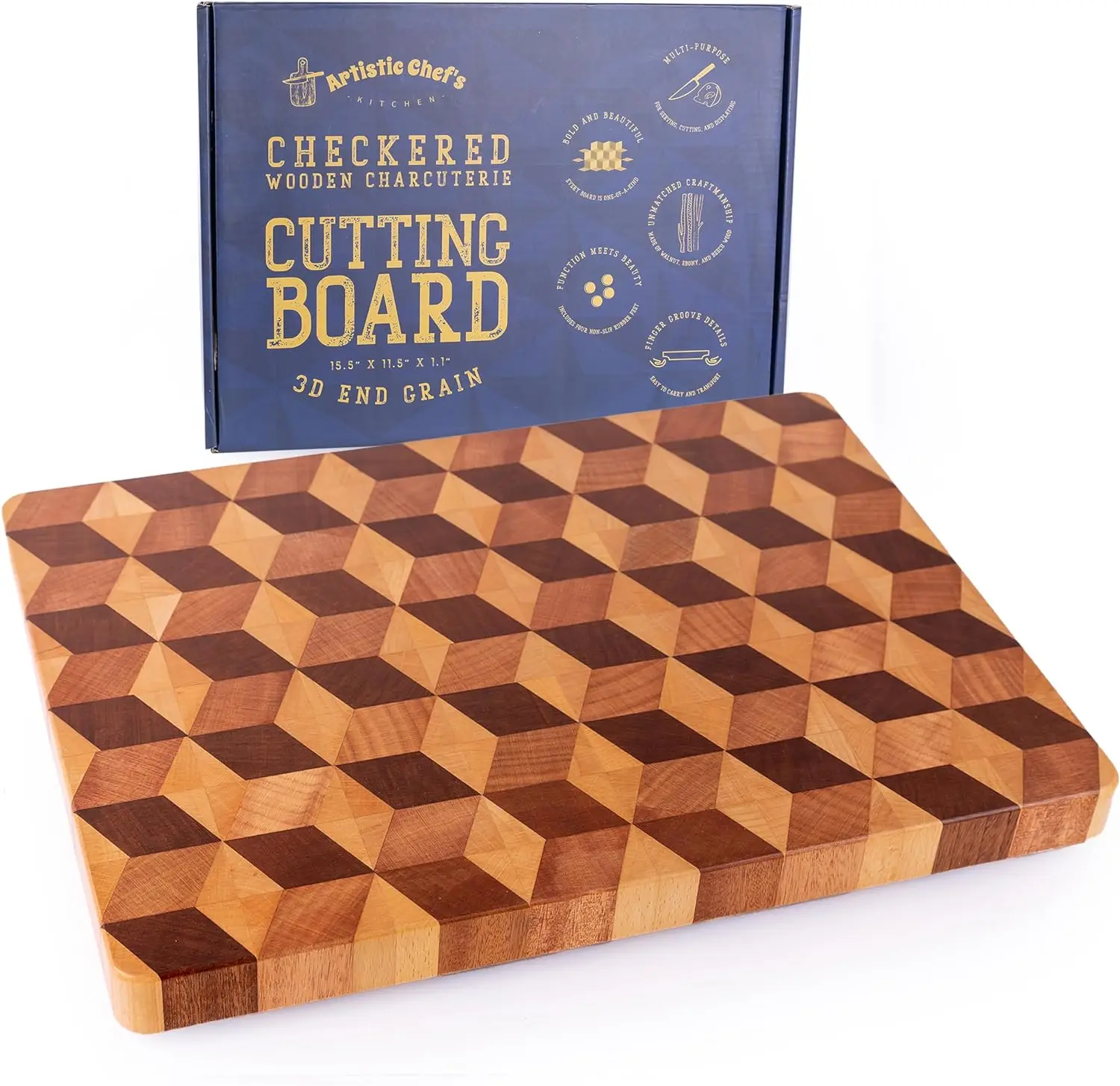 Handmade 3D Checkered Cutting Board with Feet - End Grain Cutting Board Block for Prep & Presentation