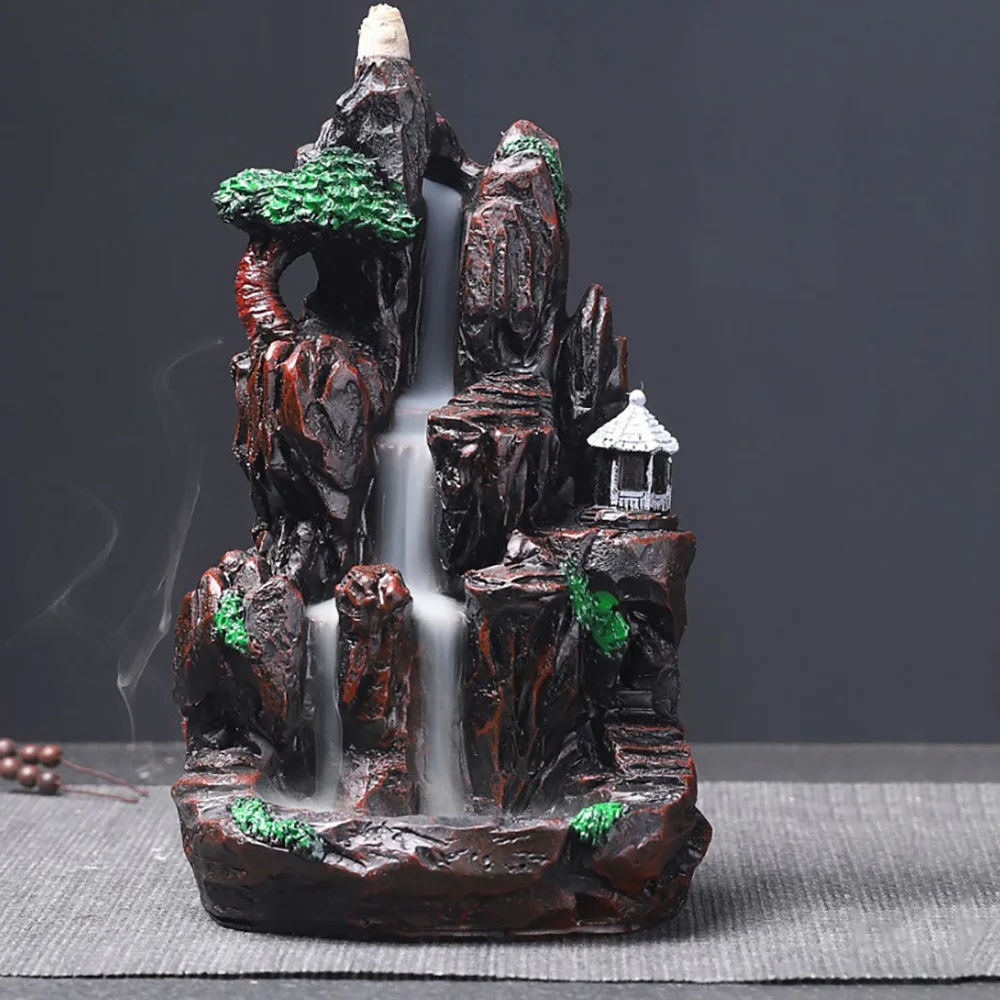 Mountains River Waterfall Incense Burner Fountain Resin Backflow Aroma Smoke Censer Holder Incense Censer Decor