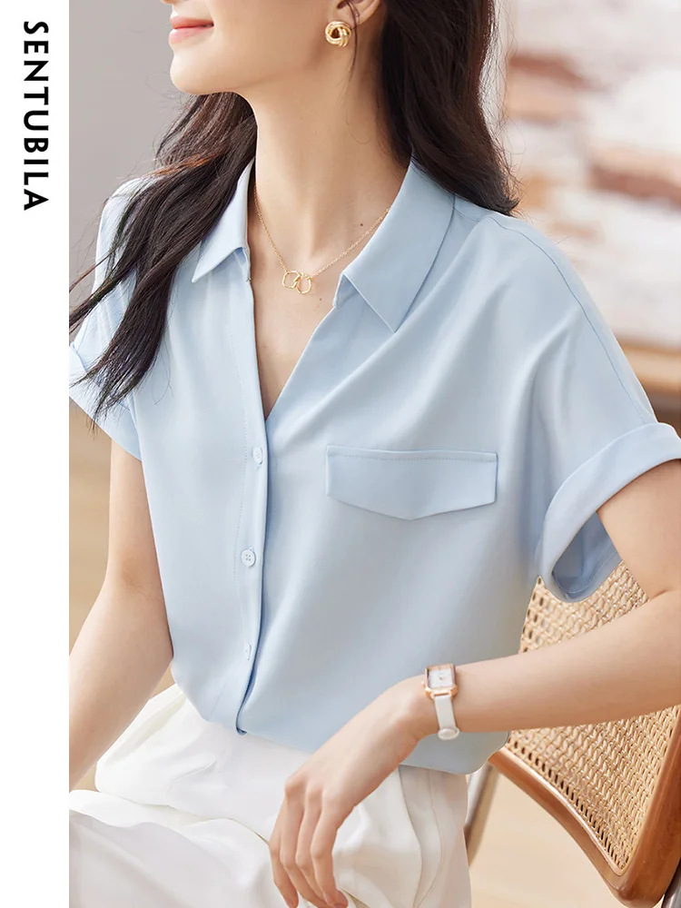 SENTUBILA 2024 Summer Button Up Business Lady Sweet Shirt Women\'s Short Sleeve Straight Blouse New Fake Pocket Design 132C49859