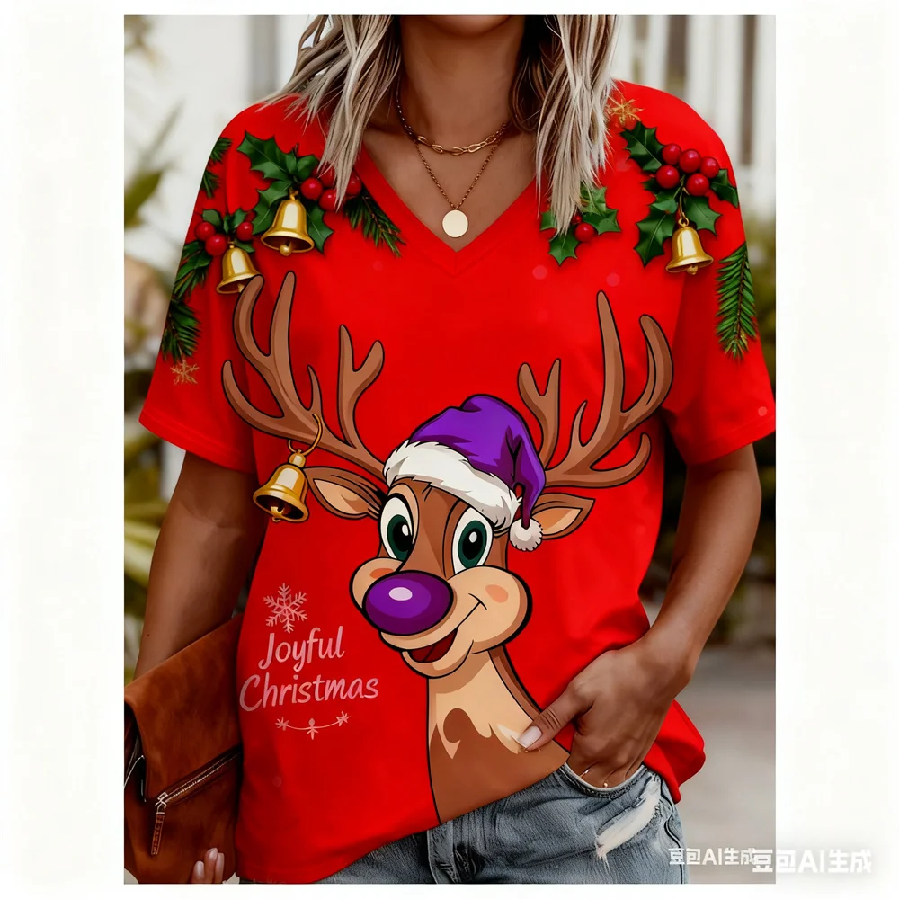 크리스마스 여성 티셔츠 3D 패턴 인쇄 v 넥 티셔츠 빠른 건조 새해 티셔츠 새로운 여성상의 여성용 y2k 의류