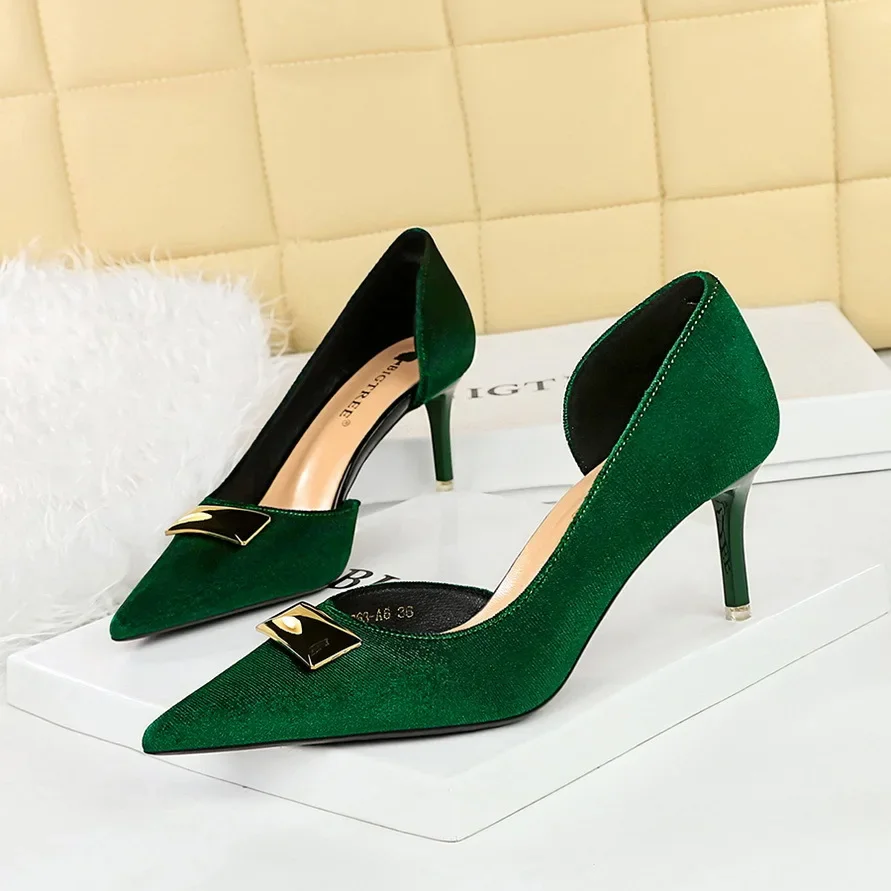 BIGTREE Western Style 7cm High Heels Side Hollow Pumps Lady Luxury Designer Metal Buckle High Heels Stiletto Black Prom Shoes image 3