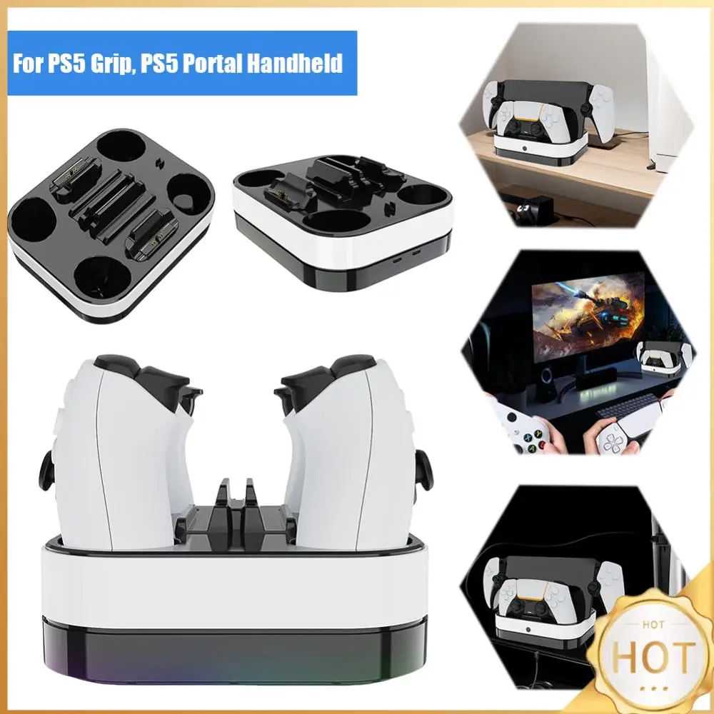 لقاعدة شحن مزدوجة PS5 ومؤشر LED وحامل شحن ضوء RGB مع كابلات لوحدة تحكم PS5 وملحقات ألعاب بوابة PS