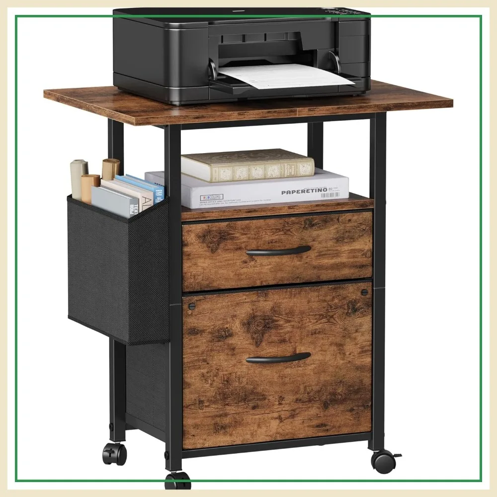 

2-Drawer Mobile File Cabinet with 24" Extended Desktop, Rolling Printer Stand for Home Office, Light Brown