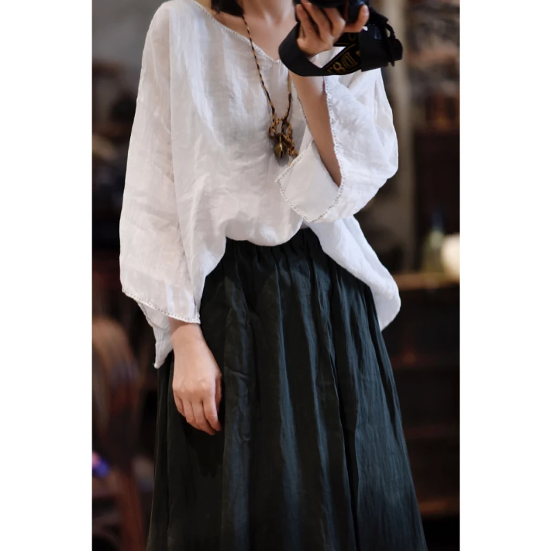 100% Ramie White Elegant Blouses Women Clothing Summer 2024 Vintage Three Quarter Sleeve Ramie Linen Shirts Camisas De Mujer