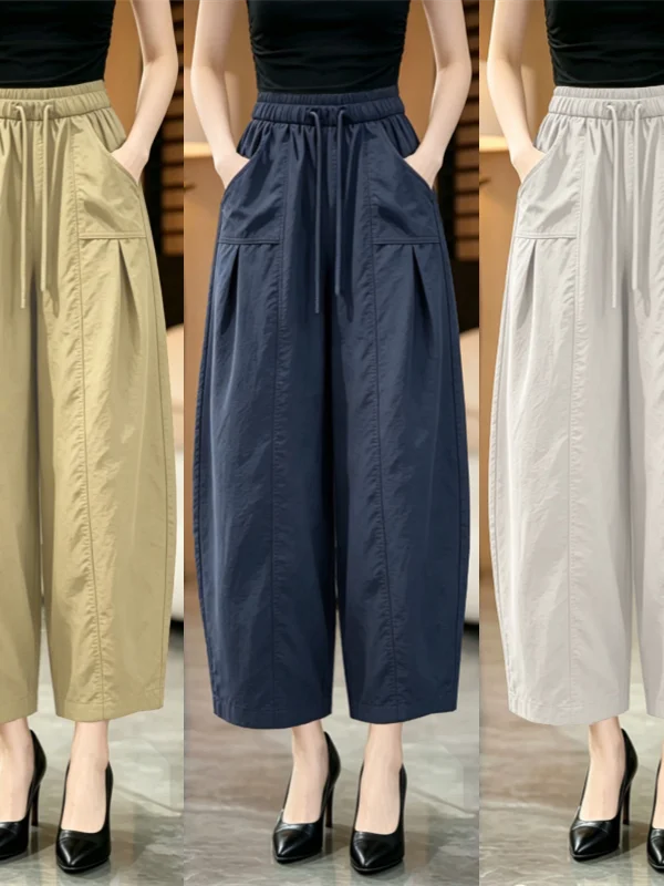Fashionable Women's Casual Pants Summer New Large Size Loose Small Figure Balloon Knife Wide Leg Pants High Waist Polyester F...