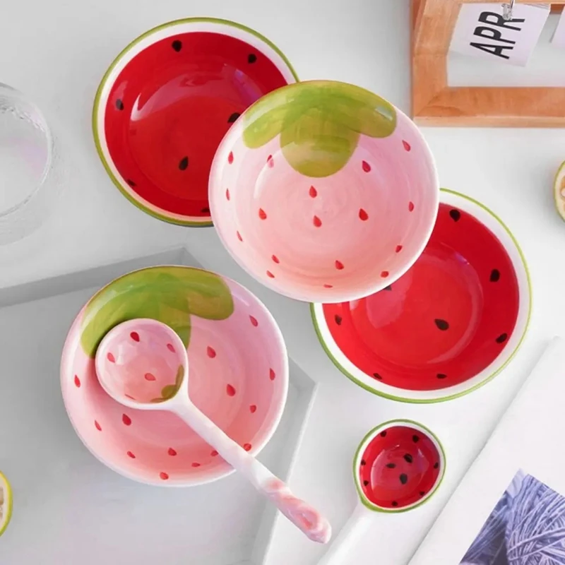 2 Set Of Cereal Bowl Cereal Killer Spoon Ceramic Spoons Ramen Soup Spoons With Handle Fruit Pattern Serving Spoon image 4