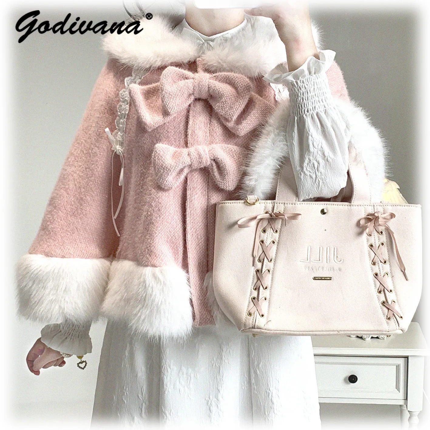 Sweet Furry Shawl Cape Bow Tied Drawstring Fleece Lined Short Cloak New Autumn and Winter Girl Women's Kawaii Harajuku Overcoat