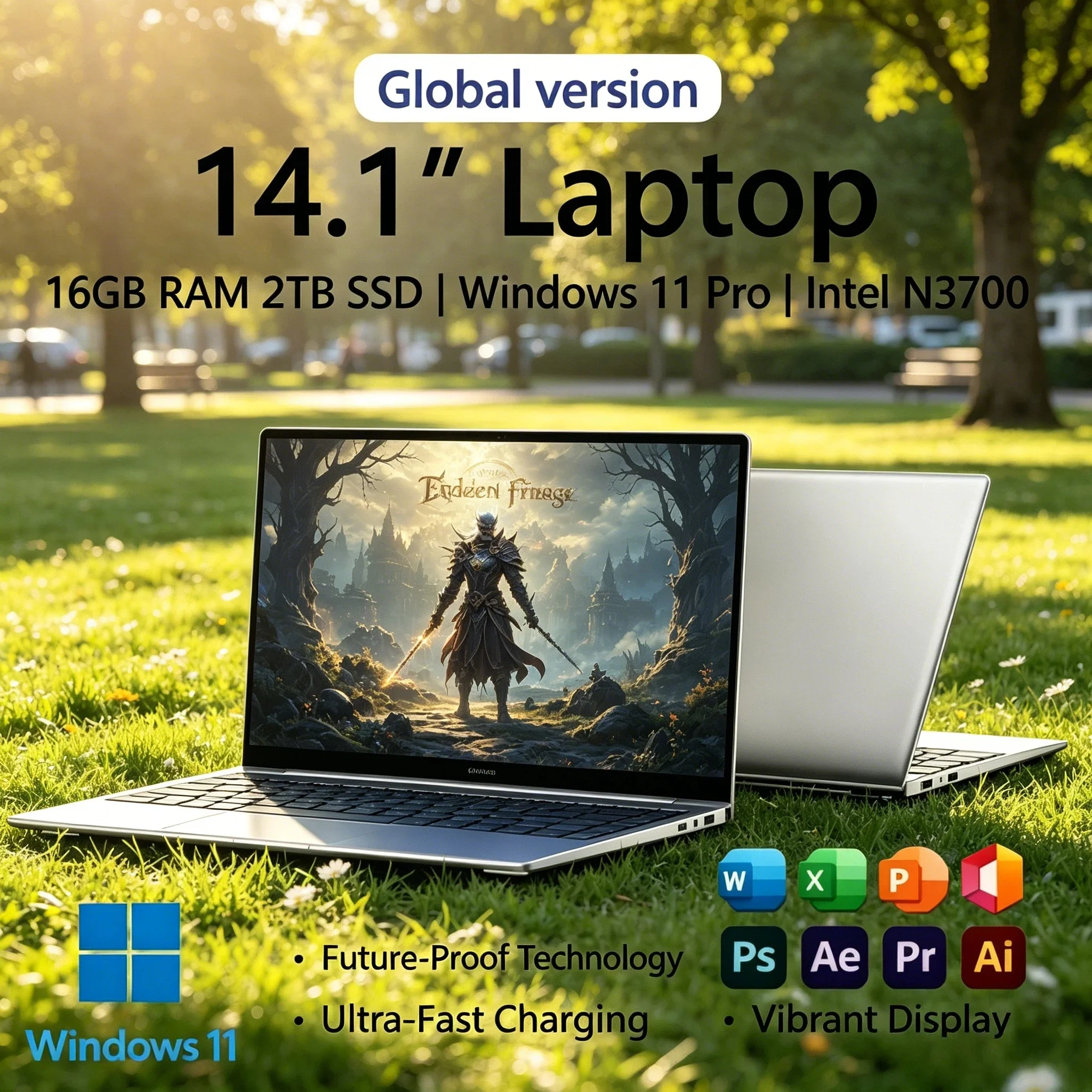 Portátil Ultra Delgado Intel Pentium N3700 de 14.1 Pulgadas, 4C4T 1.6 2.4GHz, 16GB RAM, 2TB SSD, Windows 11, 1920x1080, Notebook para Juegos y Oficina Max