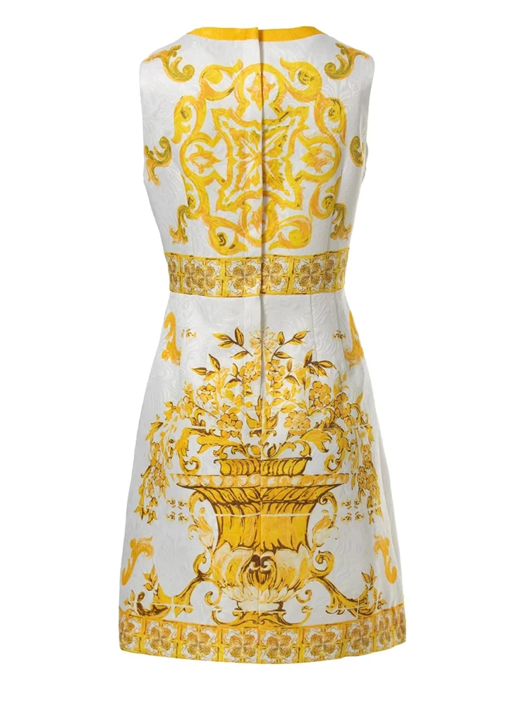 AELESEEN Women Casual Jacquard Dress Summer Sleeveless Sicilian Yellow Porcelian Print Mini Holiday Vacation Tank Dresses