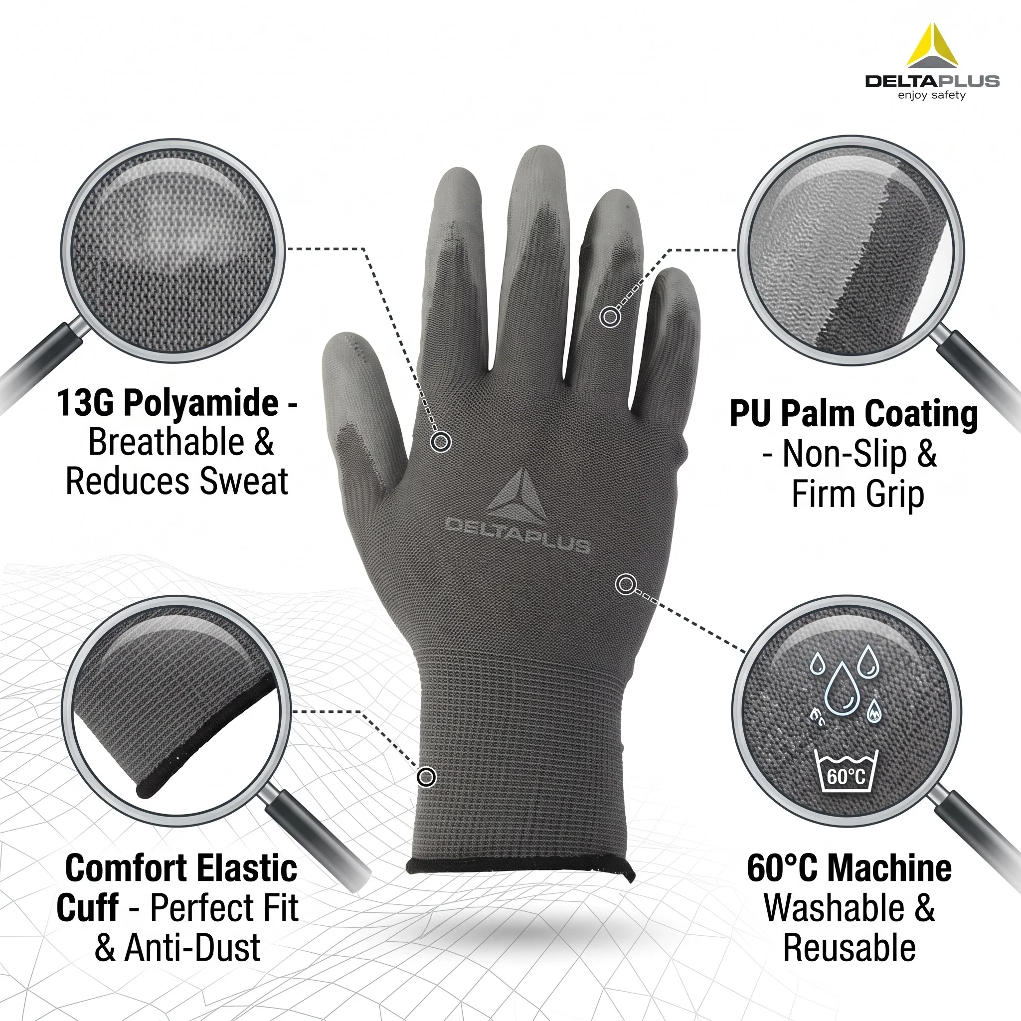 Deltaplus 201706 PU Coated Work Gloves Safety Protective Construction Mechanics Flexible Grip Hand Protection Guantes De Trabajo