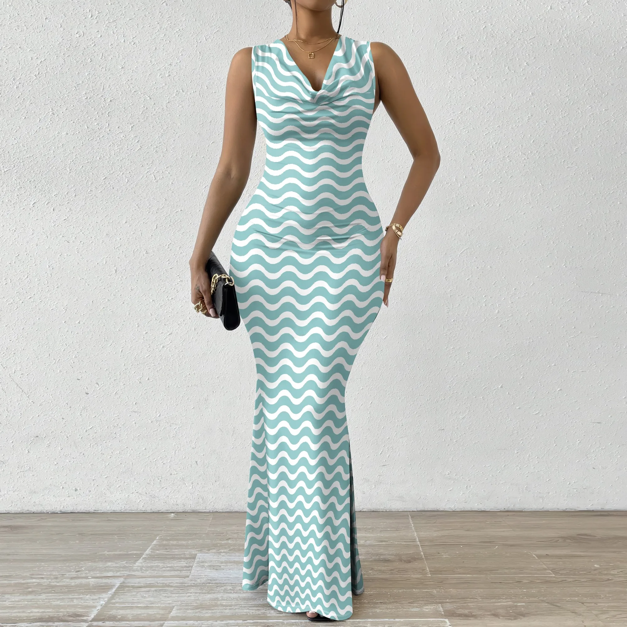 

Women's Elegant Bodycon Maxi Dress Sleeveless Cowl Neck Wave Print Party Gown Slim Fit Evening Dress for Cocktail Party XS-2XL