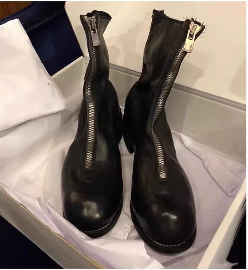 Luxury Men Shoes Genuine Leather Front Zipper Mid Calf Knight Boots Street Fashion Chelsea Boots Outdoor Motorcycle Boots Men