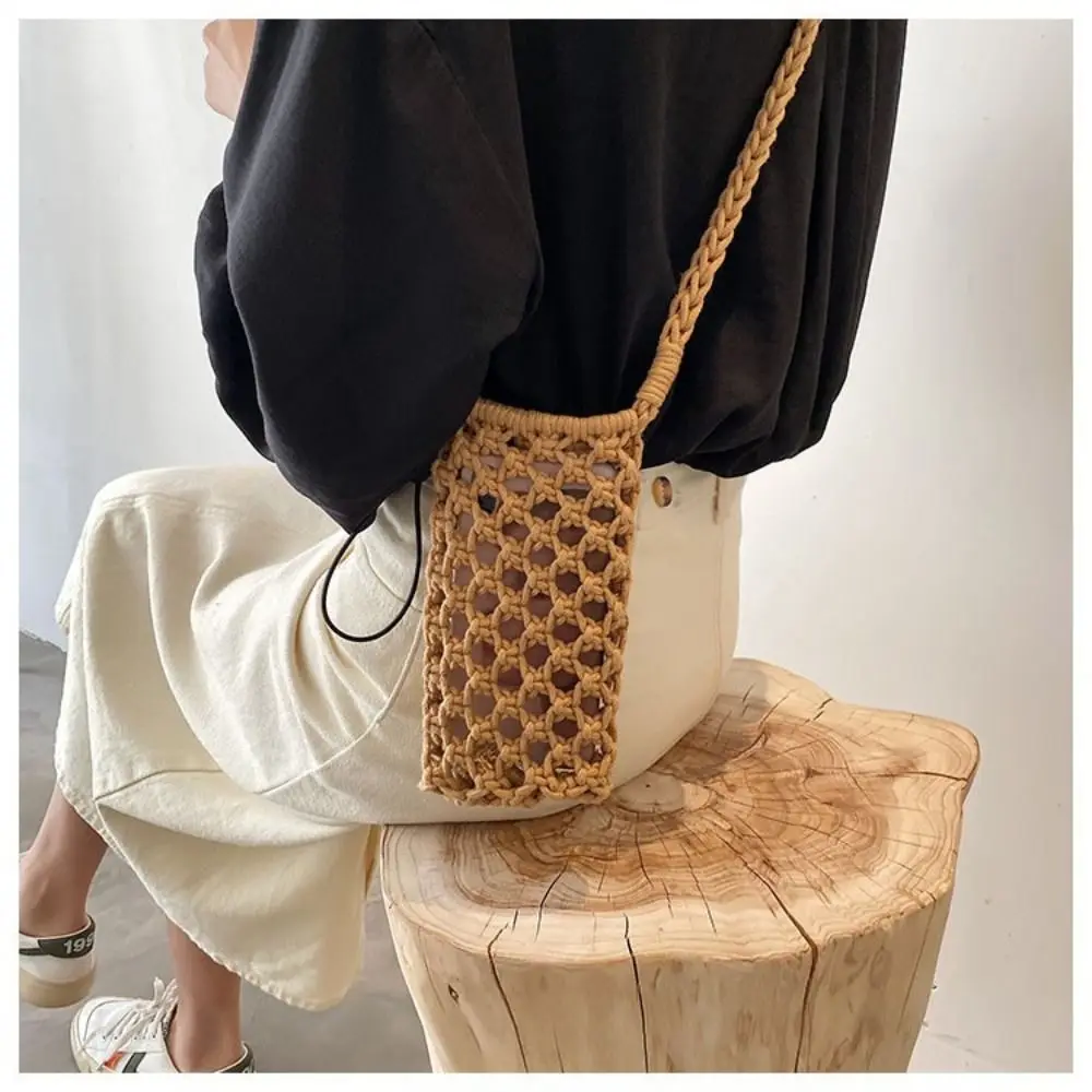 Women Fashion Small Crossbody Phone Bag Solid Color Hollow-out Woven Crochet Lightweight Braided Shoulder Handbag