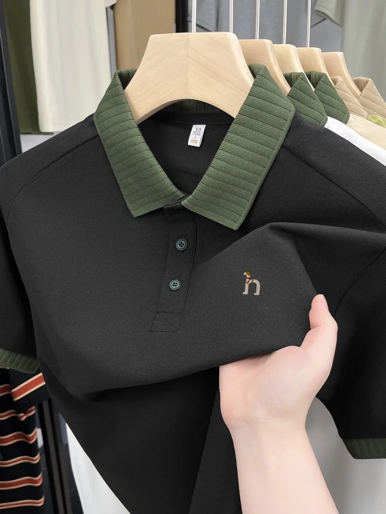 

Advanced brand men's short sleeve polo shirt little dog embroidery Korean style casual fashionable color blocked lapel T-shirt