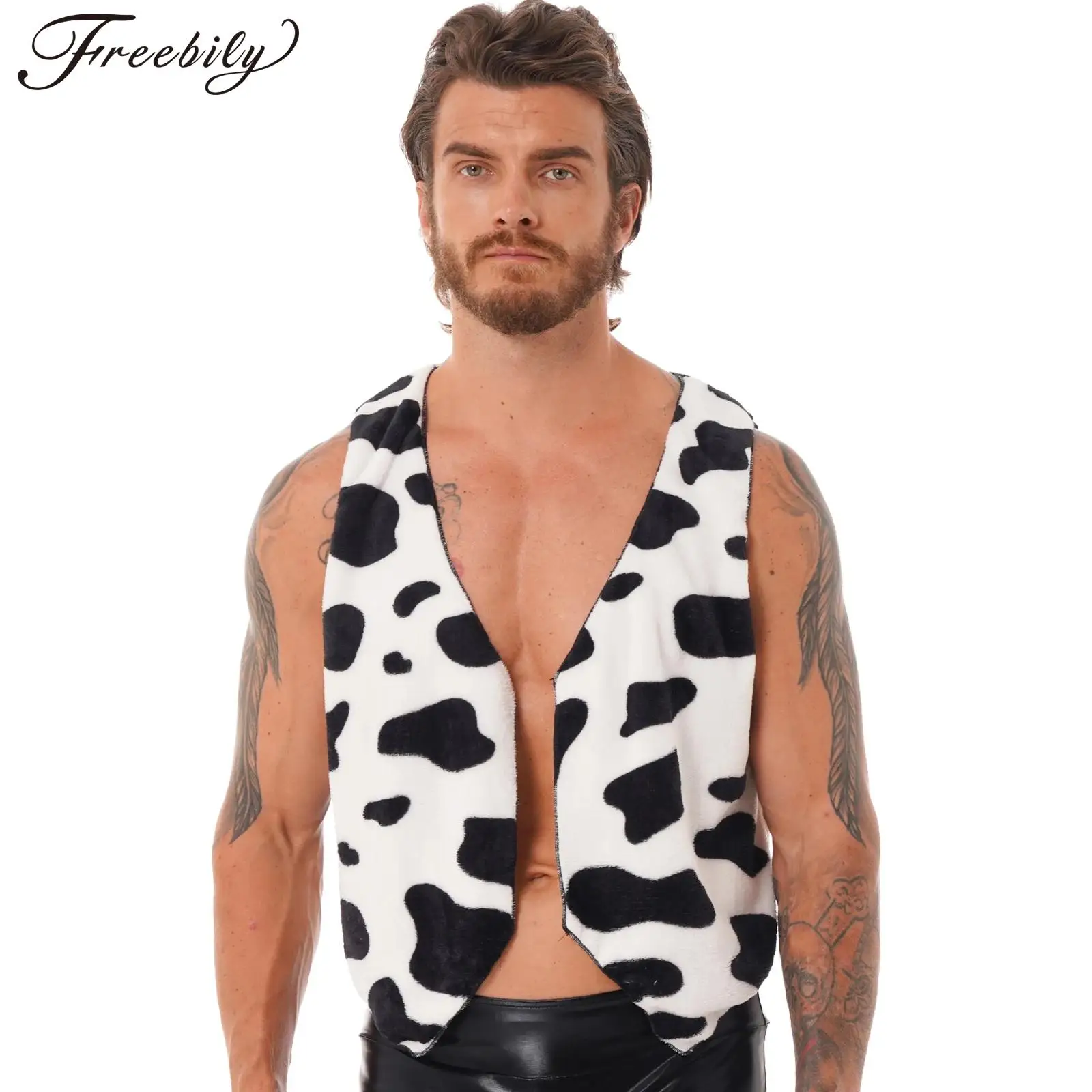 Men's Cow Print Vest Halloween Festival Cosplay Party Fancy Dress Up Sleeveless Open Front Waistcoat Vintage Hippie Costume Vest